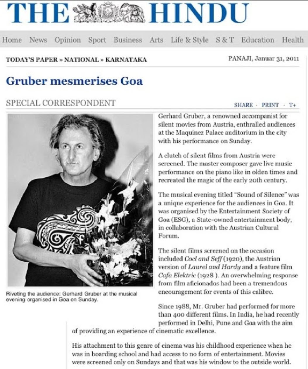 The Hindu über Stummfilmpianist Gerhard Gruber in Indien